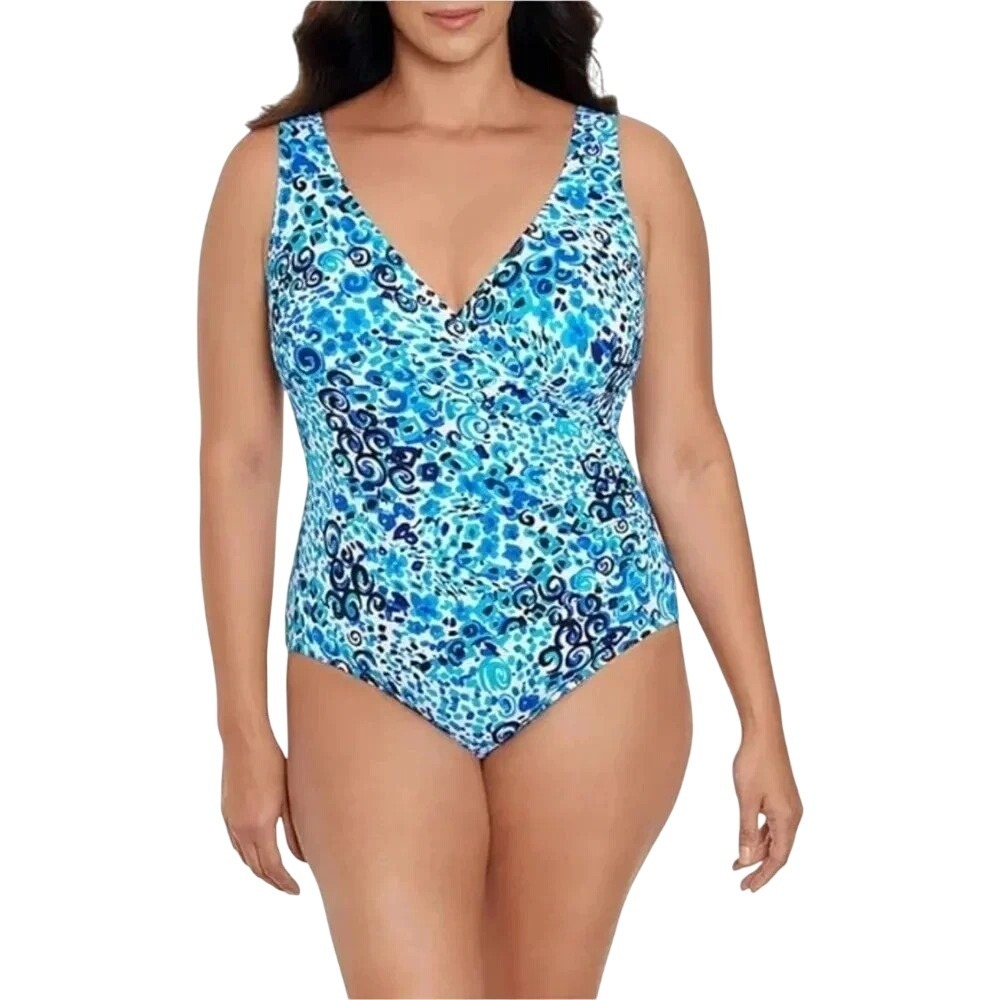 Swim Solutions Side Shirred Hip Tummy Minamizer Swimsuit Sz. 8 Blue NWT $118 - Picture 1 of 7